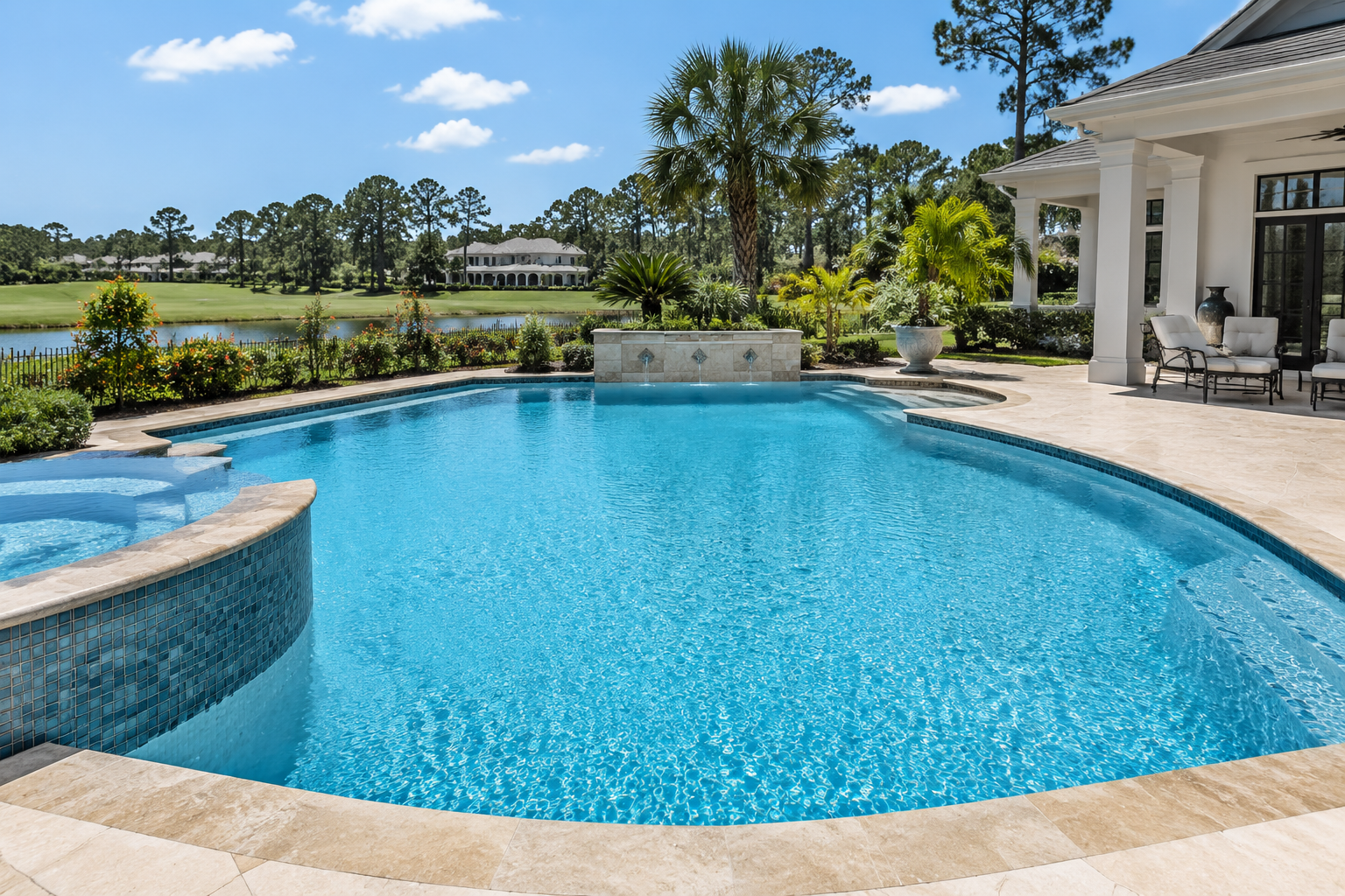 Freshly restored residential swimming pool with clear blue water and clean tile line